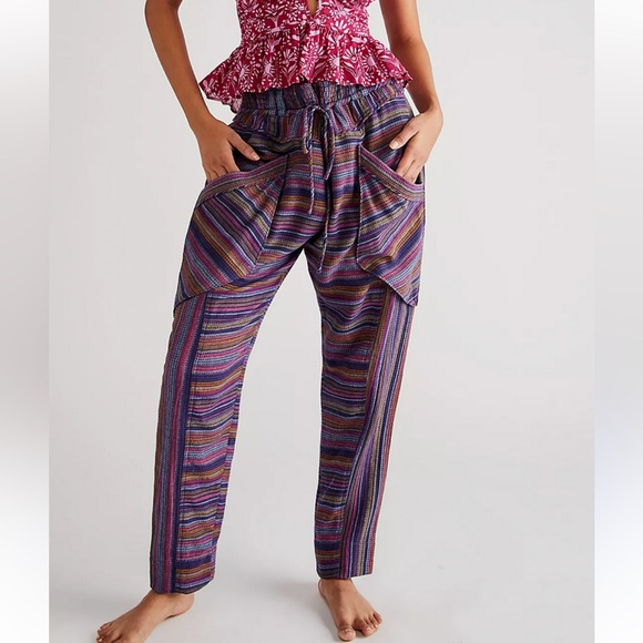 Free People Pants - Free People Sweet Escape Purple Striped Boho Lightweight Pull On Pants NWT Small